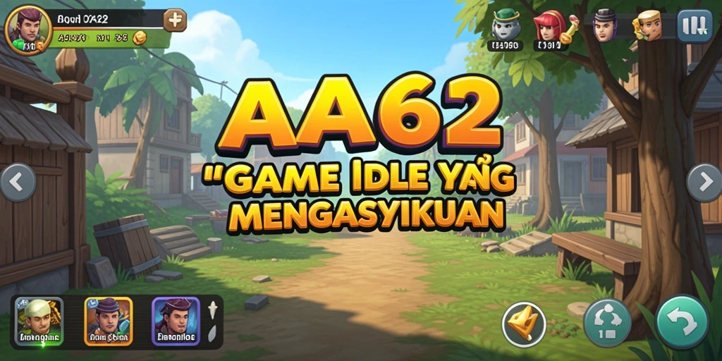 Screenshot gameplay AA62 menampilkan karakter lucu dan progres otomatis.