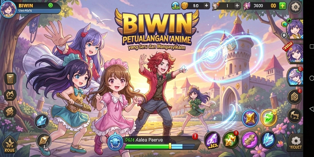 Screenshot game BIWIN menampilkan karakter anime dalam pertempuran yang epik.