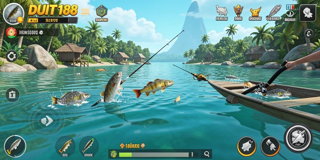 Screenshot gameplay DUIT188 menampilkan aksi seru memancing dengan berbagai ikan.