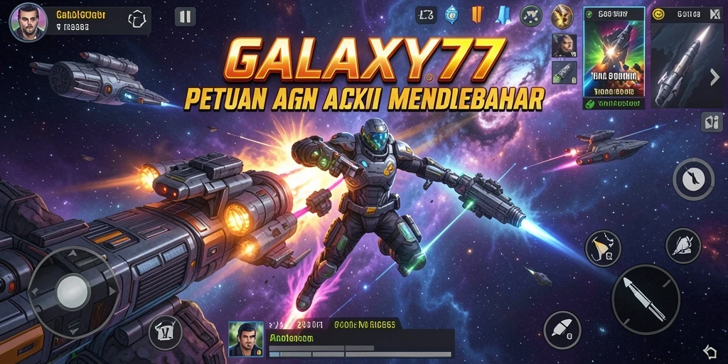 Tangkapan layar gameplay GALAXY77 yang menunjukkan pertempuran luar angkasa yang seru.