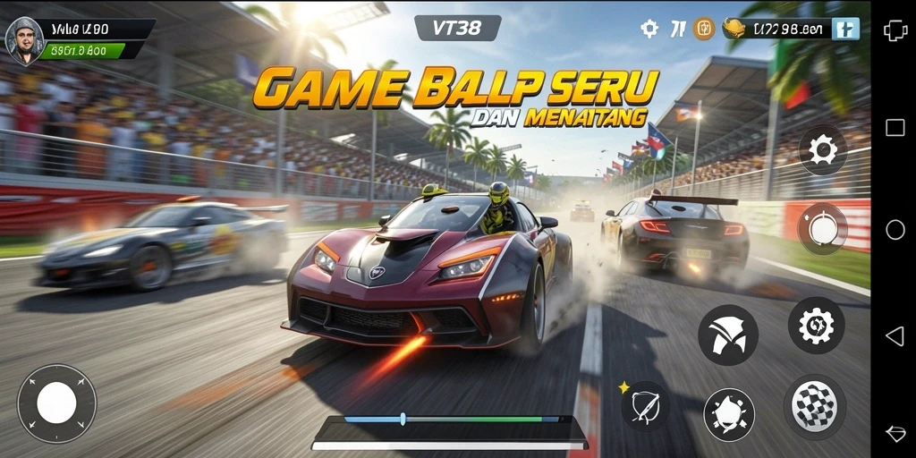 Screenshot menunjukkan aksi balapan dinamis dalam VT38.
